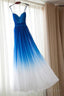 Spaghetti Strap Royal Blue Ombre Bridesmaid Dress, Chiffon Prom Dresses, A Line Bridesmaid Gowns
