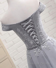 Gray A Line Lace Off Shoulder Prom Dresses, Lace Evening Dresses