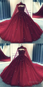 Glam Ball Gown Quinceanera Dress Lace Applique Beaded Cape, Wine Red Formal Dress Party Gowns