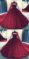 Glam Ball Gown Quinceanera Dress Lace Applique Beaded Cape, Wine Red Formal Dress Party Gowns