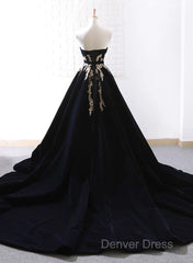 Glam Black Velvet Long Formal Gown With Gold Lace, Black Velvet Prom Dresses Evening Dresses