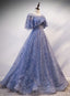Glam Blue Off Shoulder Lace up Long Prom Dresss Prom Dress, Blue Wedding Prom Dress