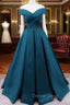 Glam Blue Satin Long Off Shoulder Prom Dress, A Line Prom Dresses