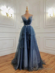 Glam Dark Blue Beaded Long Tulle Party Dress, Dark Blue Prom Dress