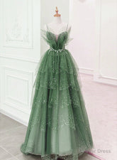 Glam Green Layers Tulle Straps Beaded Long Party Dress, Green Long Formal Dress
