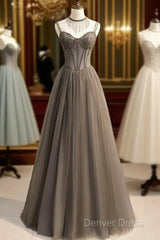 Glam Grey Beaded Tulle Long Evening Dresses Party Dresses, A-Line Straps Evening Formal Dresses