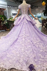 Glam Light Purple Tulle With Lace Applique Sweet 16 Dresses, Light Purple Prom Dresses