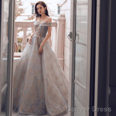 Glam Off Shoulder Shiny Lace And Tulle Long Party Dress, A-Line Evening Dresses Prom Dress