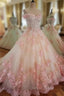 Glam Pink Flowers Tulle Off Shoulder Sweet 16 Dress, Ball Gowns Prom Dresses
