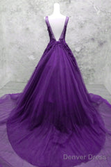 Glam Purple V-Neckline Tulle Beaded And Lace Formal Gown, Purple Long Prom Dresses