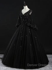 Glam Tulle With Lace Applique Ball Gown Sweet 16 Dresses, Beaded Prom Dresses Evening Dresses