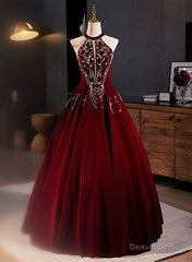 Glam Wine Red Beaded Velvet Halter Evening Dress, Wine Red Velvet Prom Dress