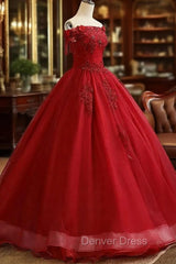 Glam Wine Red Quinceanera Dresses Party Dresses, Tulle Long Embroidered with Flowers Formal Dresses