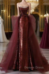 Glam Wine Red Sequins And Tulle Long Party Dresses, Wine Red Evening Dresses Prom Dresses