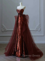 Glam Wine Red Sequins And Tulle Long Party Dresses, Wine Red Evening Dresses Prom Dresses