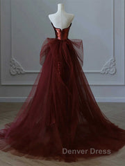 Glam Wine Red Sequins And Tulle Long Party Dresses, Wine Red Evening Dresses Prom Dresses