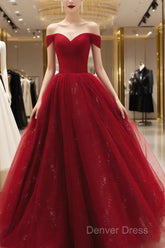 Glam Wine Red Sweetheart Tulle Shiny Long Prom Dresses Party Dresses, Wine Red Formal Dresses