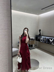 Glamorous A Line Scoop Sleeveless Burgundy Long Prom Dress