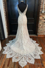 Glamorous Beige Lace V-Neck Backless Mermaid Long Wedding Dress Sexy