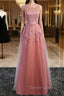 Glamorous Long Prom Dress Lace Cameo Pink Prom Dress A Line Applique Tulle Maxi Prom Dresses
