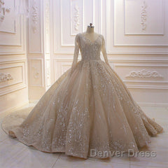 Glamorous Long Sleeve V-neck Sequin Beading Ball Gown Wedding Dresses