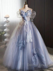 Glitter A-Line Off Shoulder Tulle Flower Quinceanera Dresses Blue Long Prom Dresses Beautiful