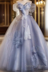 Glitter A-Line Off Shoulder Tulle Flower Quinceanera Dresses Blue Long Prom Dresses Beautiful