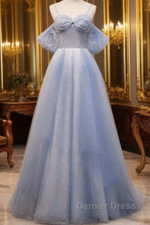 Glitter A-Line Princess Off Shoulder Tulle Gray Blue Long Prom Dresses Sparkly Evening Dresses