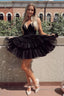 Glitter Black Tiered Spaghetti Straps Short Homecoming Dresses