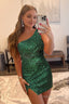 Glitter Dark Green One Shoulder Beaded Tight Homecoming Dresses