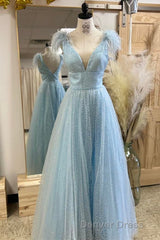 Glitter Feathers V-Neck Empire Waist A-Line Prom Gown,Evening Party Dresses