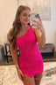 Glitter Fuchsia One Shoulder Beaded Tight Homecoming Dresses