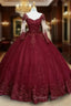 Glitter Long Sleeve Princess Burgundy Quinceanera Dresses