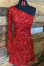 Glitter One Sleeve Red Sequined Homecoming Dress,Stunning Cocktail Dresses Short Prom