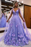 Glitter Purple A Line Long Prom Dresses with 3D Flowers