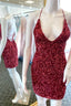 Glitter Red Sequin V Neck Short Homecoming Dress Prom Dresses
