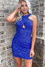 Glitter Royal Blue Halter Backless Sequins Tight Homecoming Dresses