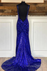 Glitter Royal Blue Sequins Prom Dresses Regency Backless Mermaid Formal Dresses