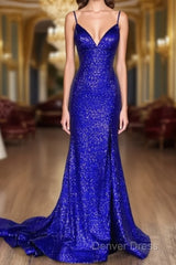 Glitter Royal Blue Sequins Prom Dresses Regency Backless Mermaid Formal Dresses