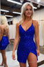 Glitter Royal Blue Spaghetti Straps Sequins Backless Tight Homecoming Dresses with Slit