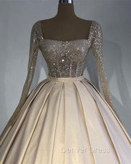 Glitter Sequins Long Sleeves Prom Ball Gown Satin Dresses