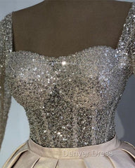 Glitter Sequins Long Sleeves Prom Ball Gown Satin Dresses
