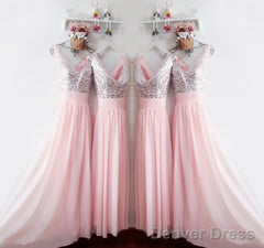 Glitter Sequins V Neck Long Chiffon Pink Bridesmaid Dresses