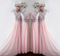 Glitter Sequins V Neck Long Chiffon Pink Bridesmaid Dresses