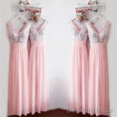 Glitter Sequins V Neck Long Chiffon Pink Bridesmaid Dresses