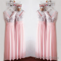 Glitter Sequins V Neck Long Chiffon Pink Bridesmaid Dresses