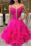 Glitter Straps Hot Pink Ruffle A-Line Homecoming Dresses