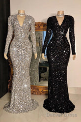 Glittering Crystal Sequins Long Sleevess V-Neck Mermaid Prom Dresses