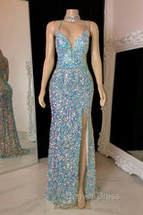 Glittering Spaghetti-Straps Sequins Prom Dresses Mermaid Sleeveless With Slit