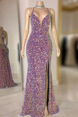 Glittering Spaghetti-Straps Sequins Prom Dresses Mermaid Sleeveless With Slit